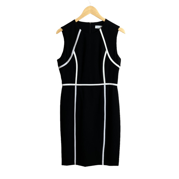 Calvin Klein Black Sheath White Piped Colorblock Sleeveless Dress Size 8 - Picture 2 of 10